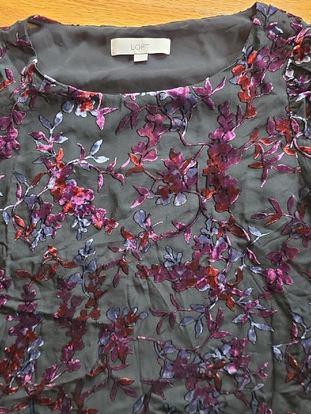 LOFT Black Floral Velvet Burnout Scoop Neck Top with Plum and Red Accents